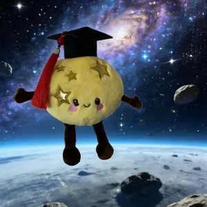 Cute plush planet moon doll detail showing soft yellow fabric, embroidered smile, and graduation cap.