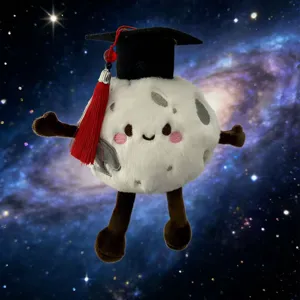 Cute cartoon planet moon plush toy detail, soft stuffed doll with graduation cap, cute companion.