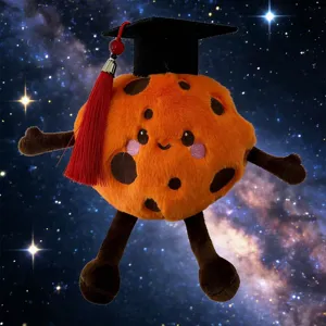 Details of the cartoon planet plush toy with graduation cap, soft companion doll for kids.