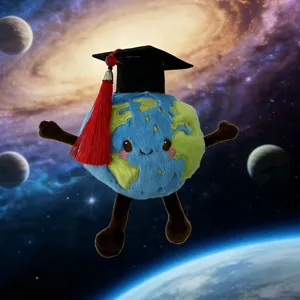 Cute Earth plush toy with graduation cap, soft toy for kids graduation gift, fun science doll.
