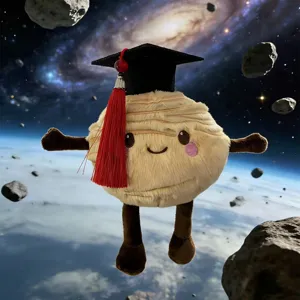 Cute planet moon plush toy detail, soft stuffed doll with graduation cap, companion.