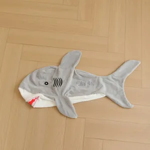 Cartoon shark plush toy semi-finished shell detail, soft grey fabric with embroidery.
