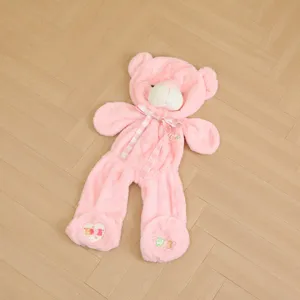 Pink plush teddy bear skin toy with plaid bow and cute heart embroidery details for gift.