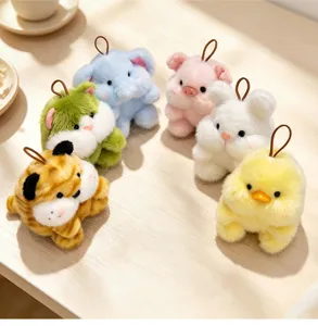 Cute plush animal keychain set featuring tiger, elephant, pig, rabbit, chick, soft toy.