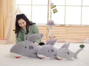 Soft grey plush shark toy detailed view cute stuffed animal cartoon doll gift home decor