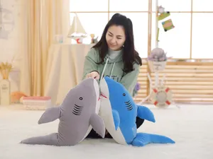 Cute cartoon shark plush toy doll, soft stuffed animal pillow for kids and home decor.