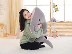 Big cartoon shark plush toy, soft stuffed animal doll pillow for kids and home decor gifts.