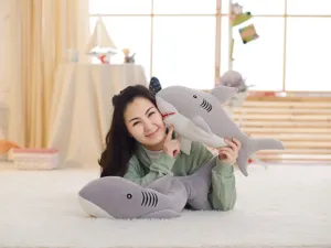 Cute grey shark plush toy skin shell detail view, soft fabric doll for kids and gifts.