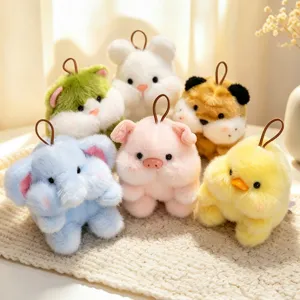 Cute animal plush keychain set, fluffy rabbit tiger elephant pig doll bag pendant gift.