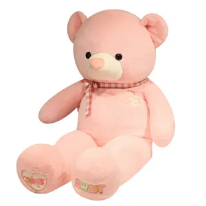 Large pink teddy bear plush toy cute stuffed animal doll with checkered bow for kids gifts