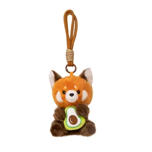 Süßer roter Panda Plüsch Schlüsselanhänger mit Avocado Puppe, weicher Taschenanhänger.