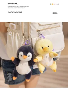 Cute plush penguin and duck toy pendant for backpack, soft stuffed doll bag charm decoration.