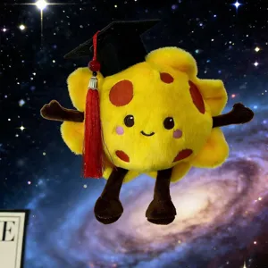 Close-up detail view of the cute cartoon doctor planet plush toy with graduation cap and tassel.