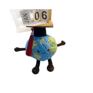Cute earth plush toy wearing graduation cap soft stuffed planet doll kids companion gift