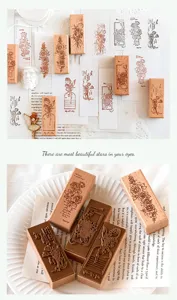 Vintage floral wooden stamp set, retro botanical rubber stamps for journaling and craft DIY art.