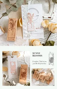 Retro wooden rubber stamp with botanical floral designs, perfect for journaling and crafts.