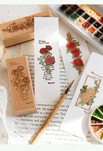 Vintage floral wooden stamp set with watercolor and bookmarks for journaling crafting