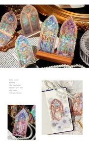 Cathedral stained glass holographic stickers detail view, journaling DIY decorative collage.