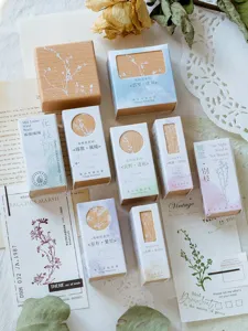 Vintage wooden stamp detail shot with delicate botanical designs, journal craft supplies.