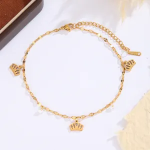 Gold stainless steel crown anklet detail, dainty chain with crystal charms for summer beach wear.