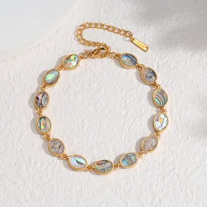 Gold-plated oval abalone shell bracelet detail shot showing natural iridescent pearl texture.