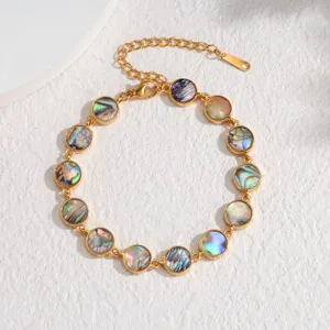 Close-up detail showcasing the gold-plated bezel-set round abalone shell bracelet links.