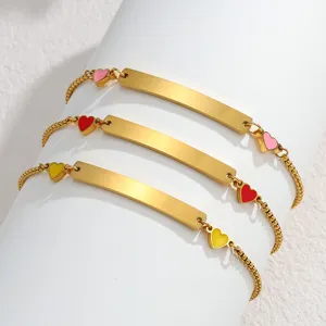 Stainless Steel Heart Curved Bar Bracelet Drip Oil Charm Adjustable Link Chain Minimalist Jewelry For Women