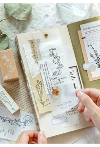 Vintage journaling sticker set botanical stamps and collage scrapbooking material for DIY crafts.