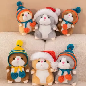 Cute plush hamster toy with Christmas hat and knitted scarf, soft doll gift for kids and party.