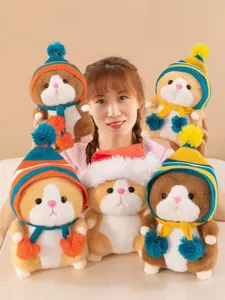 Cute hamster plush toy with winter knitted hat and scarf, soft stuffed animal gift for kids.