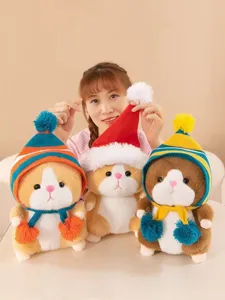 Cute hamster plush toy set with knitted and Christmas hats, soft stuffed animal doll gift.