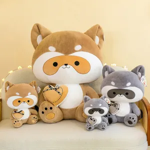 Cute plush raccoon doll with heart pillow, soft stuffed animal toy for kids and gift