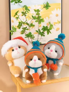 Cute hamster plush toy doll with Christmas hat and knitted hat, soft stuffed animal gift for kids.