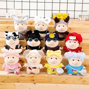 Cute plush pig doll set with changeable clothes, soft stuffed animal toys for kids gift collection.