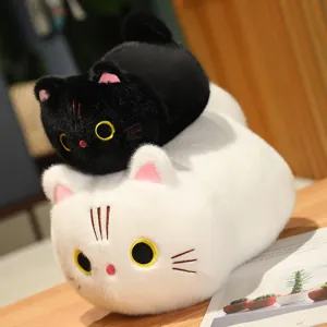 Cute black and white cat plush pillow, soft sleeping doll companion for kids and home decor.