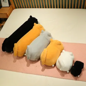 Detailed view of cute cat plush toys set, soft long sleeping bolster pillows on bed decor.