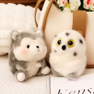 Cute plush toy pendant, mini husky and snowy owl keychain set for bags and backpacks.