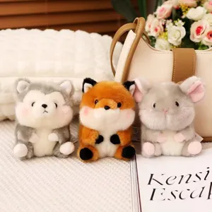 Cute plush animal keychain set, mini husky fox and hamster pendant for bags and daily decor.