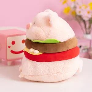 Cute hamburger pig plush toy detail view, soft pink stuffed animal cushion for girls and gifts.