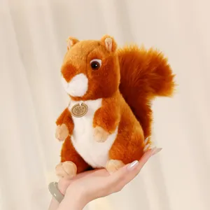 Close-up detail of cute simulated squirrel plush toy doll with soft filling, perfect for kids.