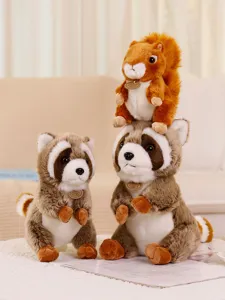 Simulation raccoon and squirrel plush toy detail, soft texture and cute forest animal design.