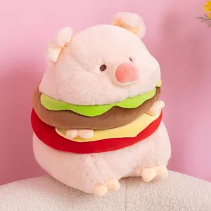 Cute pink hamburger pig plush toy detail, soft stuffed animal doll pillow for girls gift.