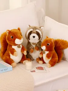 Cute simulation squirrel and raccoon plush toy set, forest animal dolls for kids room.