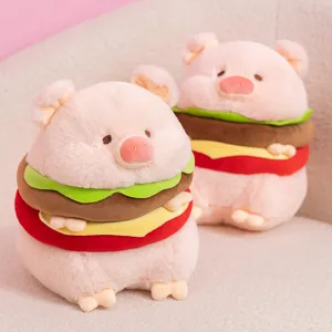 Cute pink burger pig plush toy stuffed animal doll fluffy pillow soft gift for girls and kids