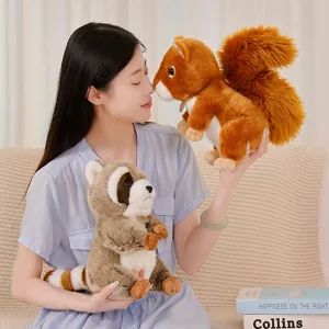 Close-up detail view of realistic squirrel and raccoon plush toys in cozy home setting.