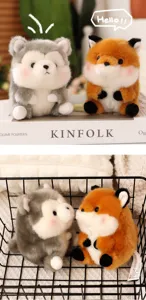 Cute plush animal keychain fluffy husky and fox bag pendant kawaii cartoon plush toy gift.