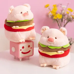 Close-up details of the cute hamburger pig plush toy, showing soft fabric and fun burger design.