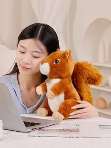 Close-up detail view of a soft brown squirrel plush toy with fluffy tail in scene.