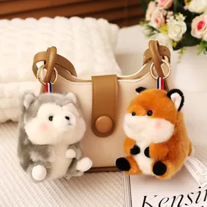 Cute plush keychain cute husky and fox fluffy bag pendant soft animal toy charm for women girls