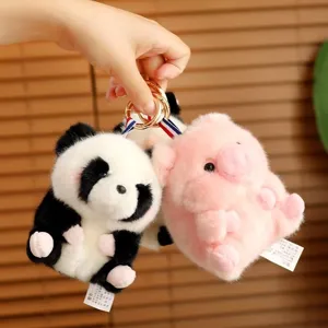 Cute panda and pink pig plush keychain, soft stuffed animal bag charm pendant for keys and bags.